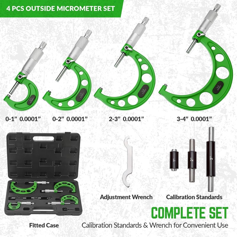 SANDOR Premium Outside Micrometer Set 0-4" / 0.0001" (0-1"/1-2"/2-3"/3-4") Precision Machinist Tools w/Carbide Tips, Standards, Ratchet Stop, Green - Image 4